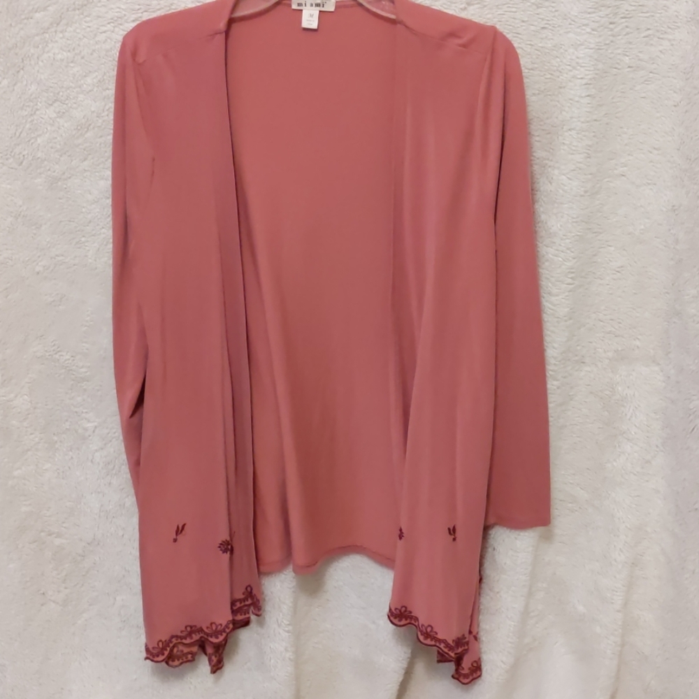 Francesca's Long Pink Embroidered Cardigan